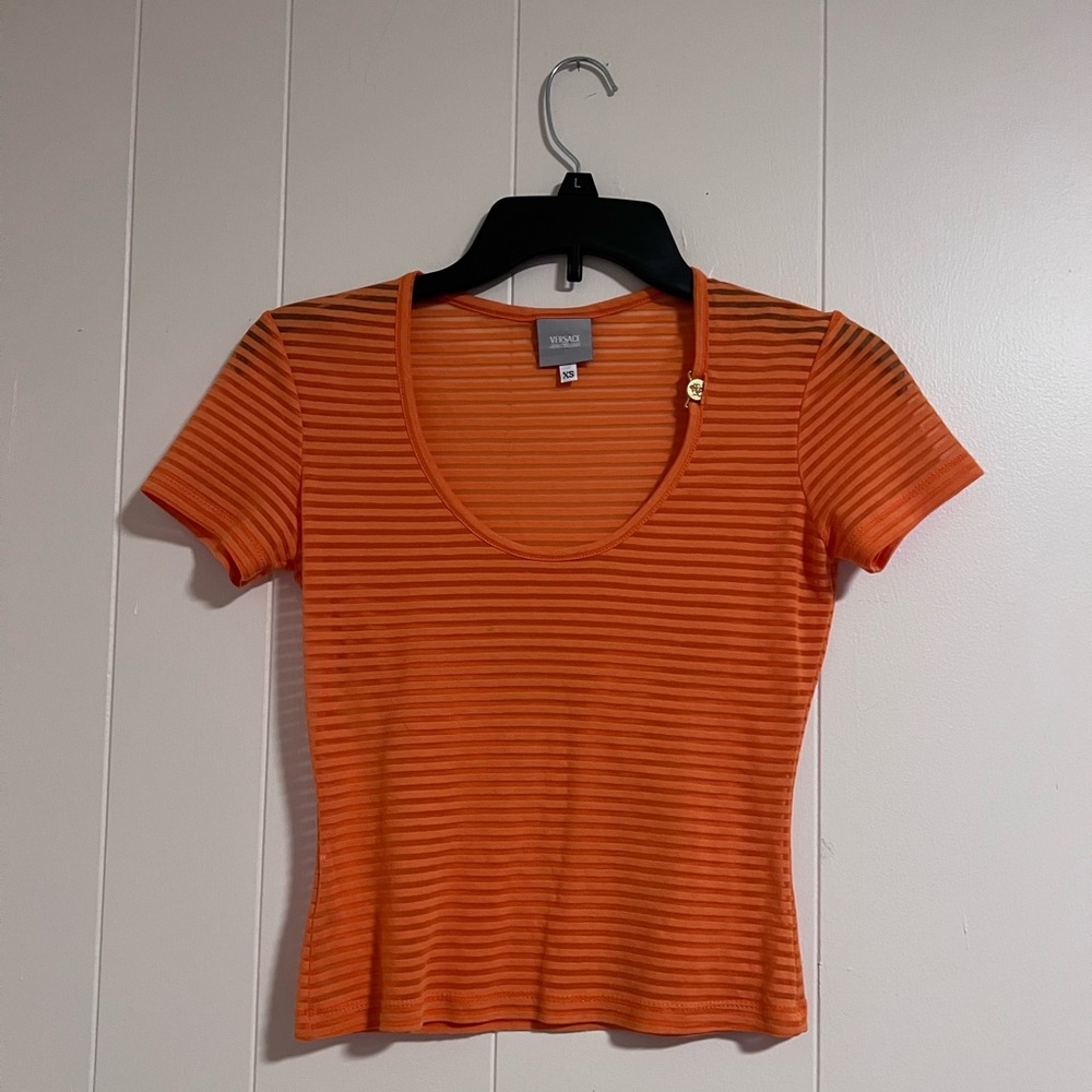 Versace Jeans Couture 1999-2000 Orange Sheer Top Sz XS Poly Blend Gold Detail
